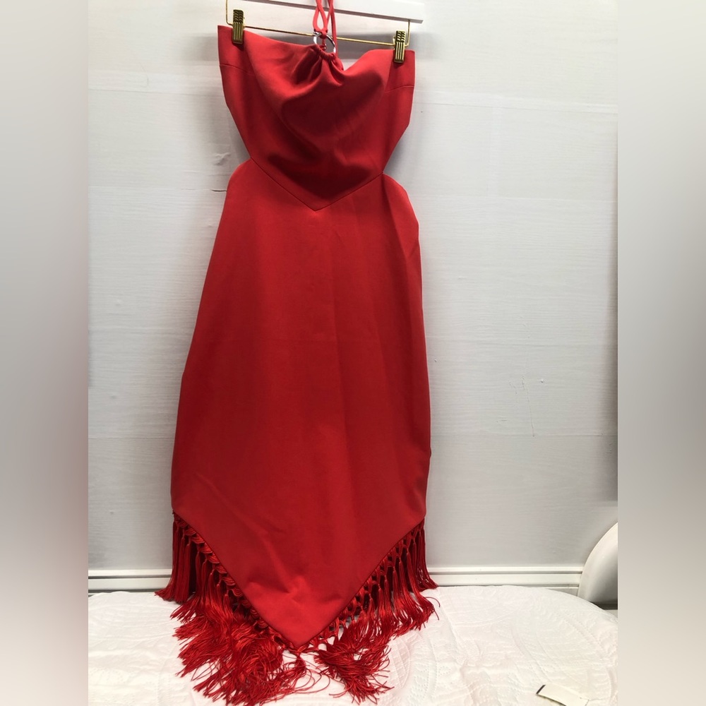 Likely Red Midi Dress with Fringe Hem